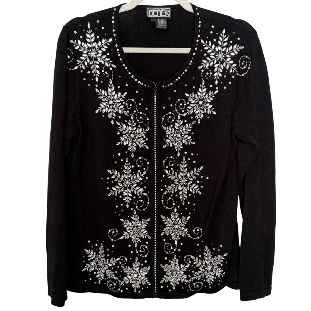 The Collective Works of Berek Black Embellished Zip Up Cardigan Women's Size L